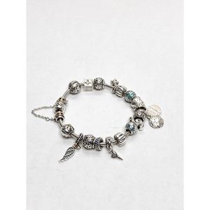 PANDORA Silver 8 inch Bracelet with 16 charms Gold Heart Drop chain AUTHENTIC